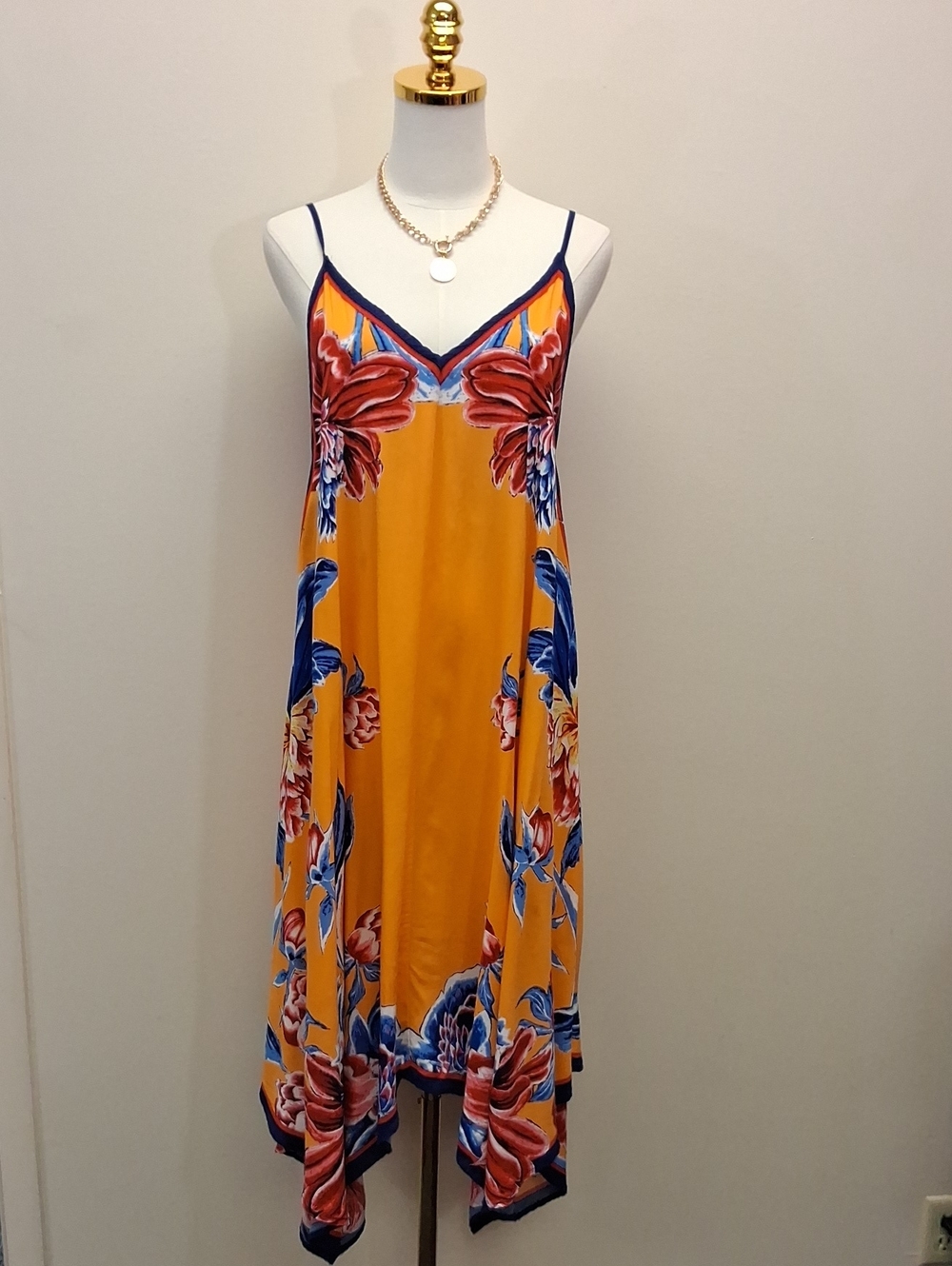 Flying Tomato Mustard Floral High Low Maxi Dress Boho V-Neck Size Medium